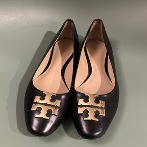 Tory Burch Leather Ballet Flats, Black, Semi-Pointed Round Toes 6M normal wear